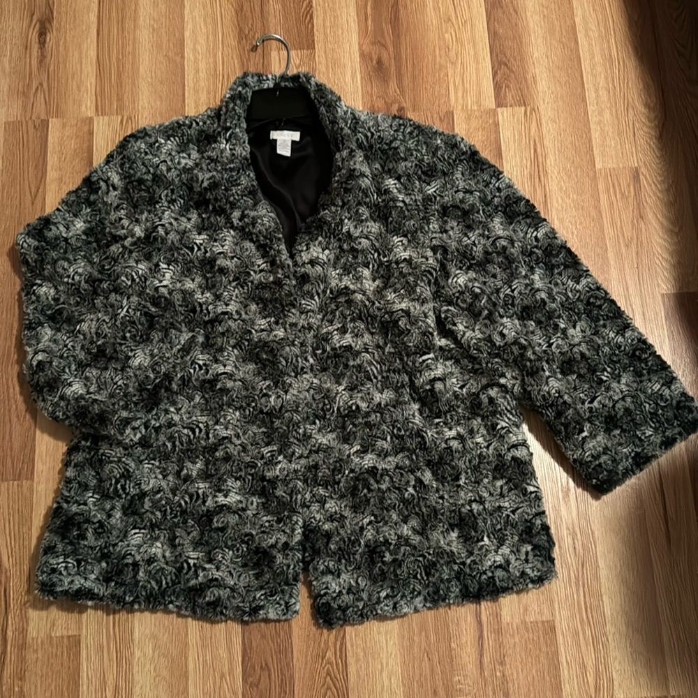 Chico's‎ Gray & Black 3/4 Sleeve Faux Chinchilla Fur Jacket Women's